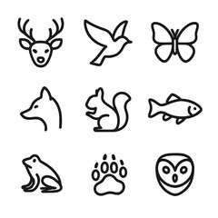 Wildlife Icon Grid. Outline icon set of wildlife subjects: deer head, bird in flight, butterfly, fox profile, squirrel silhouette,