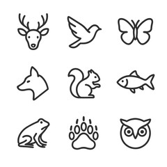 Wildlife Icon Grid. Outline icon set of wildlife subjects: deer head, bird in flight, butterfly, fox profile, squirrel silhouette,