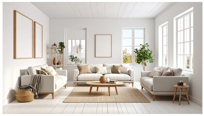 Fototapeta premium Modern living room with cozy furniture, natural light, and decorative plants in a serene setting