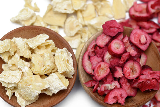 Freeze-drying process, close-up of pineapple and cranberry fruit pieces