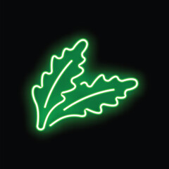 Green neon sign showing two oak leaves glowing over black background