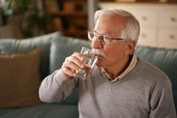 An elderly gentleman sips water from a glass in a warm and inviting living room, enjoying a moment...