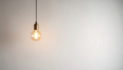 A single hanging light bulb illuminating a minimalistic white wall in a cozy interior setting