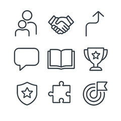 Leadership Icon Set. Outline icon set of leadership and mentorship programs: mentor figure, handshake, guidance arrow, speech