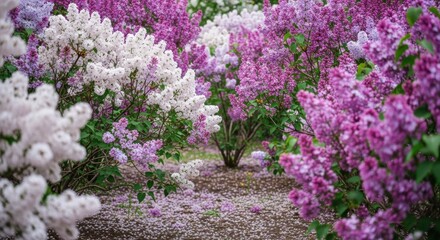 Obraz premium A beautiful pathway lined with blooming lilacs in varying shades of purple and white