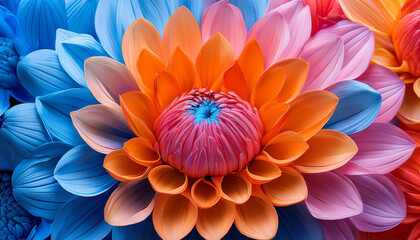 vibrant close up of large blue pink and orange flowers with detailed petals and yellow centers creating a lively and cheerful floral pattern