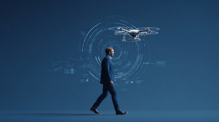 Corporate executive walking while talking to a hovering AI drone assistant, floating graphs and cloud dashboards around. Solid navy blue background