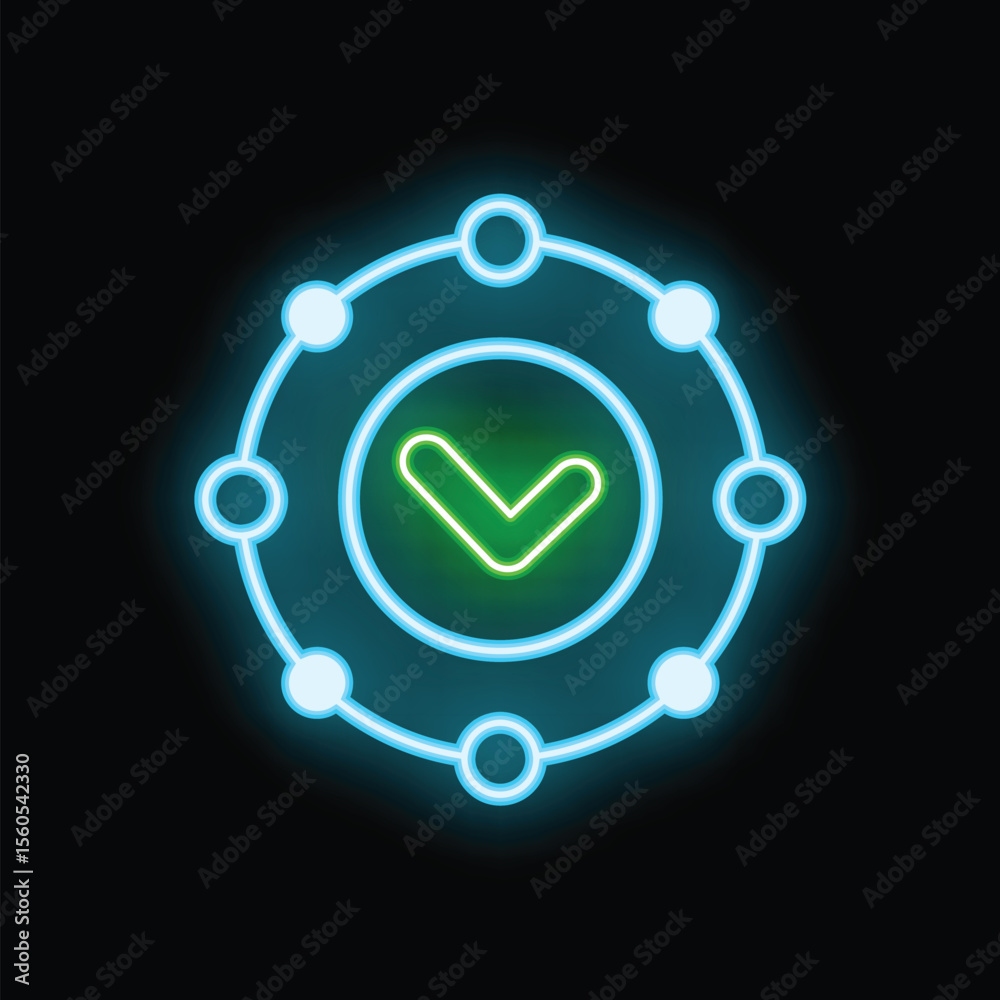 Poster glowing neon icon of a decentralized network showing validation with a green check mark in the cente
