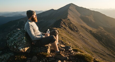 Naklejka premium Hiker rests atop mountain, panoramic view. Enjoying a bottle of water while taking in the scenery.
