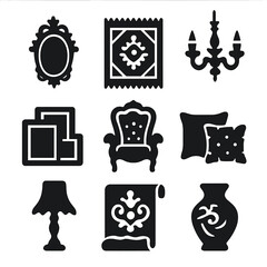 Maximalist Decor Icons. Solid, filled icon set of maximalist interior decor: ornate mirror, patterned rug, layered frames,