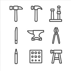 Metalworking Icon Set. Outline icon set of metalworking uses: forging hammer, planishing hammer, riveting set, metal chisel, anvil