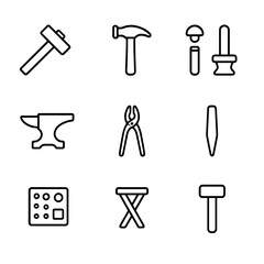 Metalworking Icon Set. Outline icon set of metalworking uses: forging hammer, planishing hammer, riveting set, metal chisel, anvil