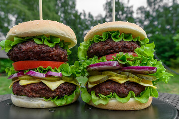 Sandwich made of sesame bun with beef cutlet and vegetables
