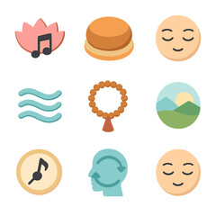 Mindfulness Icon Collection. Isometric Flat icon set of singing and mindfulness: lotus flower with music note, meditation cushion,