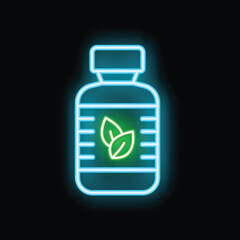 Glowing neon line medical bottle with marijuana or cannabis leaf icon isolated on black background. Mock up of cannabis oil. Colorful outline concept. Vector illustration