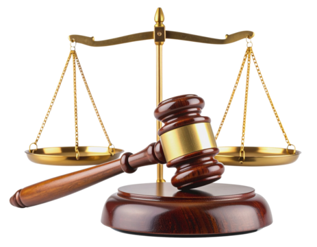 Close-up of wooden auction gavel angled with justice scales blurred in background, isolated on transparent background