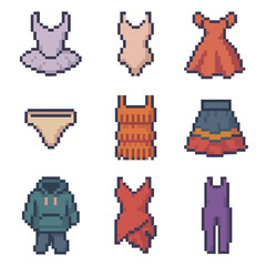 Naklejka premium Dance Costumes Icons. Pixel art icon set of dance costumes: tutu, leotard, ballroom gown, dance belt, fringe dress, folk skirt,