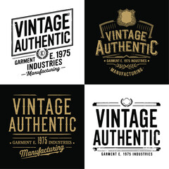 Set of premium Vintage Authentic logo badges in bold retro shield and banner style with classic typography and ornamental accents ideal for apparel branding, artisan products, heritage labels