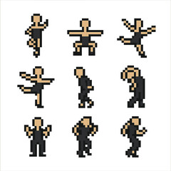 Obraz premium Dance Move Icons. Pixel art icon set of dance moves: pirouette, plié, jeté, arabesque, moonwalk, body wave, shimmy, spin turn,