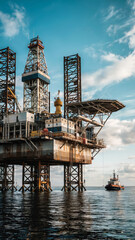Metal oil rig located offshore in water, surrounded by sea and blue sky, industrial structure reflecting sunlight