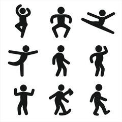 Dance Move Icons. Solid, Filled icon set of dance moves: pirouette, plié, jeté, arabesque, moonwalk, body wave, shimmy, spin turn,