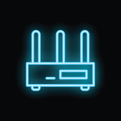Obraz premium Neon glowing icon of a wifi router with three antennas