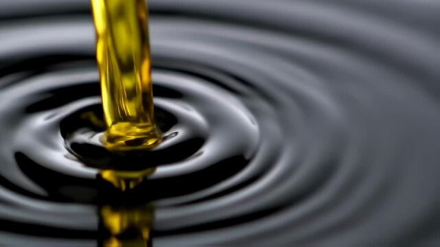 Golden liquid pouring into dark liquid creating ripples in slow motion