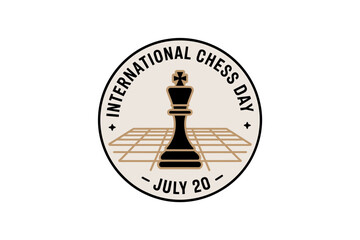 International chess day badge with king piece and rounded border design for board game celebration on july 20  