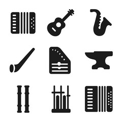 Fototapeta premium Musical Instrument Icons. Solid, filled icon set of A musical instruments: accordion, acoustic guitar, alto saxophone, alphorn,