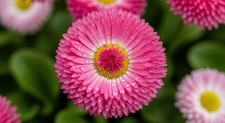 Fototapeta premium Closeup of a vibrant pink daisy flower covered in dew drops with a blurred green background
