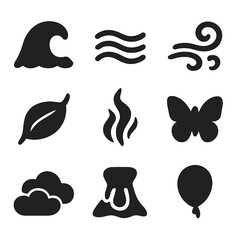 Nature's Fluid Icons. Solid, filled icon set of fluid and natural movement: wave crest, flowing river, wind swirl, falling leaf,