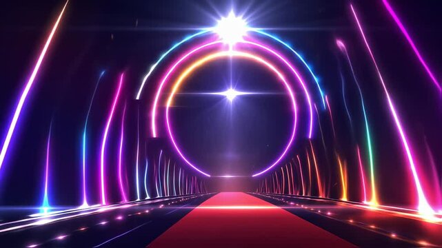 Abstract neon light tunnel with red carpet and colorful laser beams animation