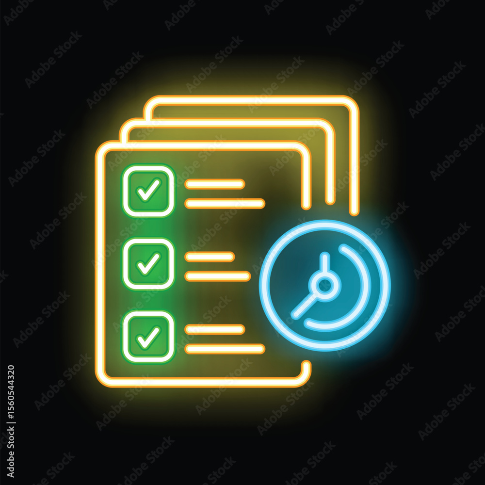 Poster neon sign of a time management concept with a clock and a to do list with check marks