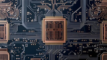 Fototapeta premium Technological Tapestry: A close-up, detailed view of a cutting-edge printed circuit board, showcasing the intricate network of pathways and components that power modern technology.