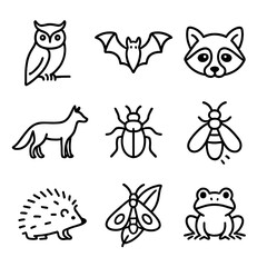Nocturnal Wildlife Icons. Outline icon set of nocturnal wildlife: owl perched, bat in flight, raccoon face, fox silhouette, night