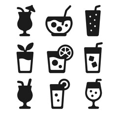 Fototapeta premium Non-Alcoholic Cocktail Icons. Solid, filled icon set of non-alcoholic cocktail styles: mocktail glass, fruit punch, soda mixer,