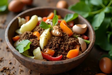 Kitchen Compost Bowl with Fruit Peels, Vegetable Scraps, and Eggshells – Sustainable Recycling Concept of Home Food Waste.