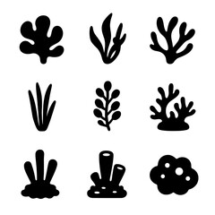 Fototapeta premium Ocean Flora Icons. Solid, filled icon set of ocean flora in tidal pools: green algae, brown kelp, red seaweed, seagrass blade,