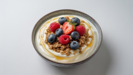 A delightful bowl of yogurt topped with fresh berries, granola, and honey drizzle, presented on a minimalist white background