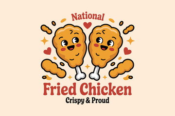 National fried chicken day badge with funny smiling drumsticks for july 6 crispy food lover celebration  