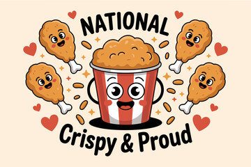 National crispy and proud fried chicken day badge logo with bucket and smiling tenders for yummy event print  