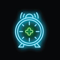 Neon clock ringing with a green cross in the middle, reminding you to take your medication on time