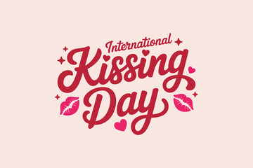 International kissing day romantic lettering with hearts and lips swirl for sweet love theme vector design  