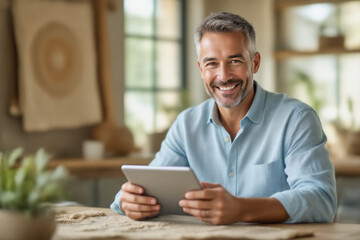 A smiling, mature man with graying hair looks directly at the camera while holding a tablet in a softly lit room.