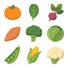 Organic Produce Icons. Isometric Flat icon set of organic farming produce: pumpkin, kale, beetroot, sweet potato, broccoli,