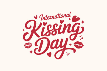 Kissing day celebration design in calligraphy style with lovely pink hearts and lipstick kiss icon badge  