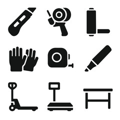 Packaging Tools Icons. Solid, filled icon set of packaging tools: box cutter, packing tape gun, stretch wrap, gloves, measuring