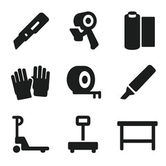 Packaging Tools Icons. Solid, filled icon set of packaging tools: box cutter, packing tape gun, stretch wrap, gloves, measuring