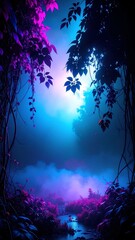 Obraz premium A mystical dark forest filled with towering trees, their trunks cloaked in shadows. Vibrant pink flowers bloom amidst the underbrush, adding a pop of color.