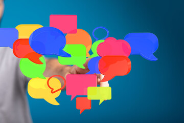 Abstract image of colorful speech bubbles, representing communication, social media, and online...